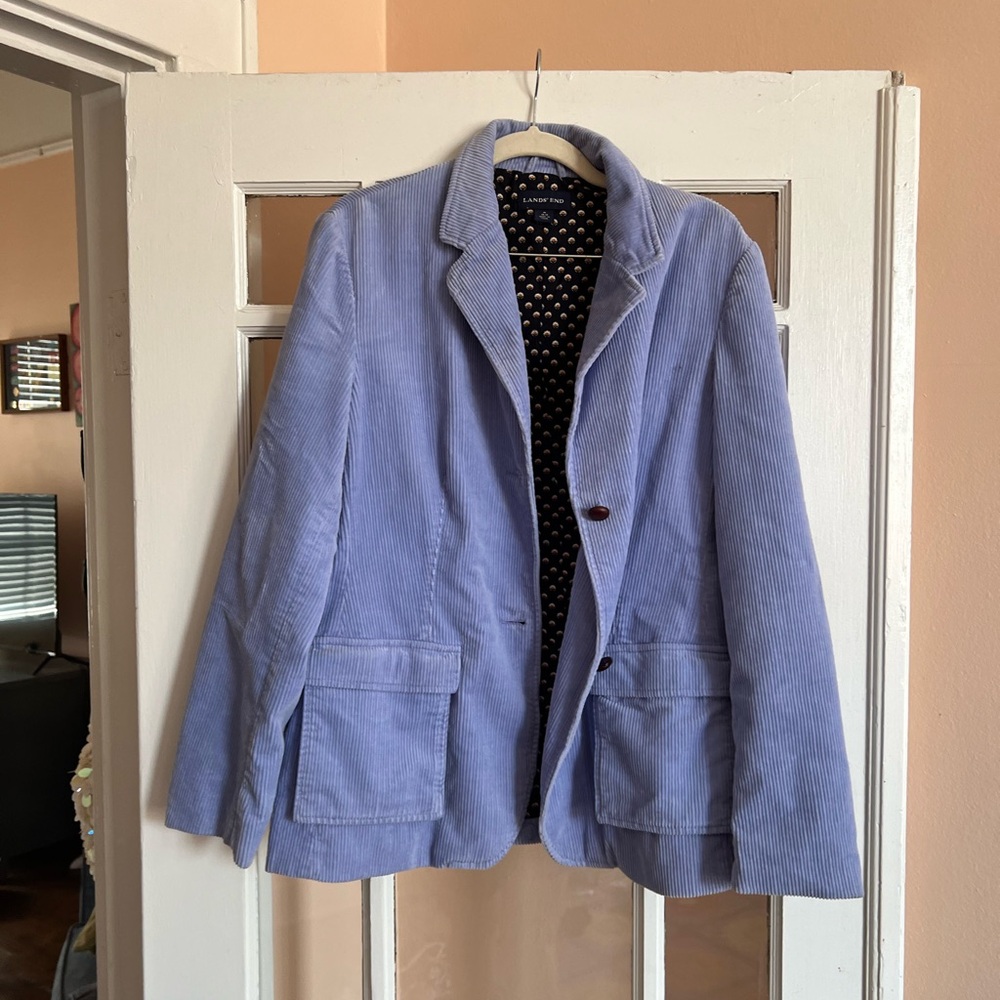 Blue corduroy blazer with brown accents